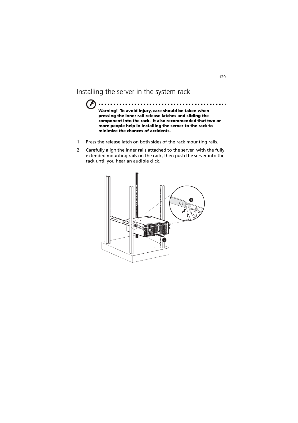 Installing the server in the system rack | Acer Altos MU.R230E.001 User Manual | Page 139 / 146