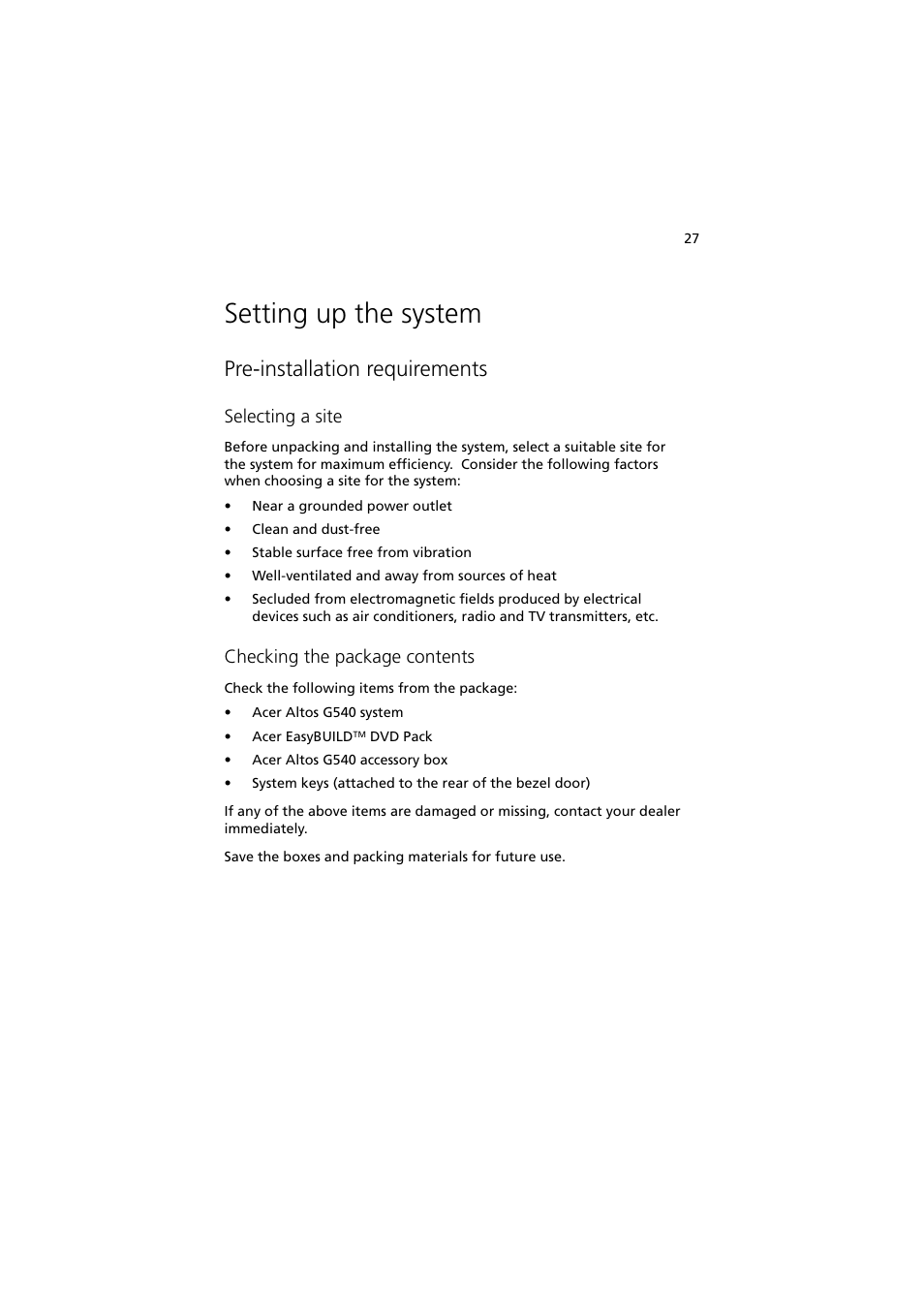 Setting up the system, Pre-installation requirements, Selecting a site | Checking the package contents | Acer Altos MU.R230E.001 User Manual | Page 37 / 146