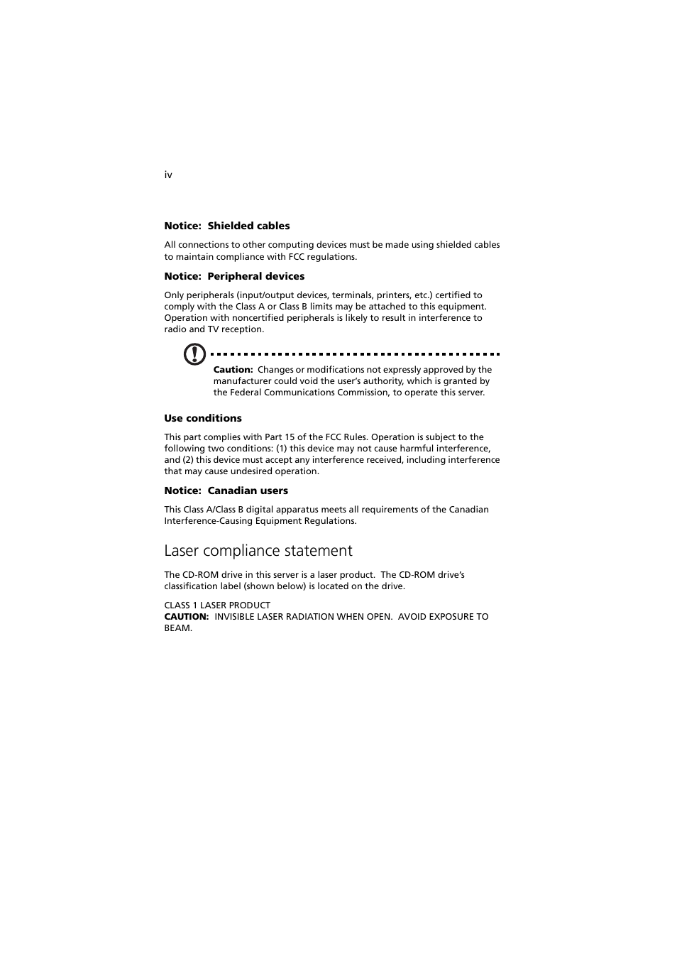 Laser compliance statement | Acer Altos MU.R230E.001 User Manual | Page 4 / 146
