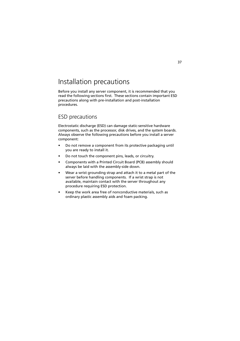 Installation precautions, Esd precautions | Acer Altos MU.R230E.001 User Manual | Page 47 / 146