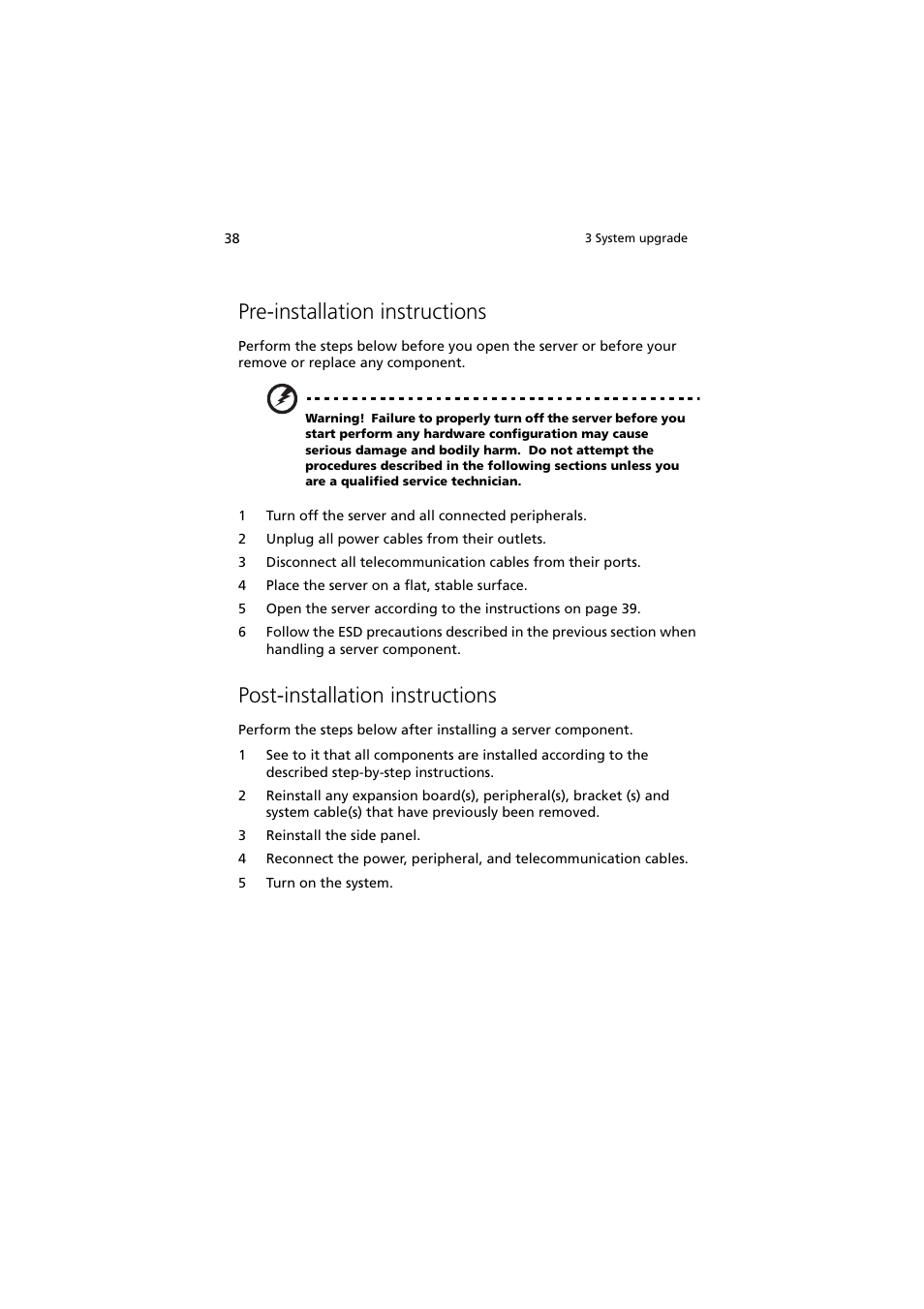 Pre-installation instructions, Post-installation instructions | Acer Altos MU.R230E.001 User Manual | Page 48 / 146