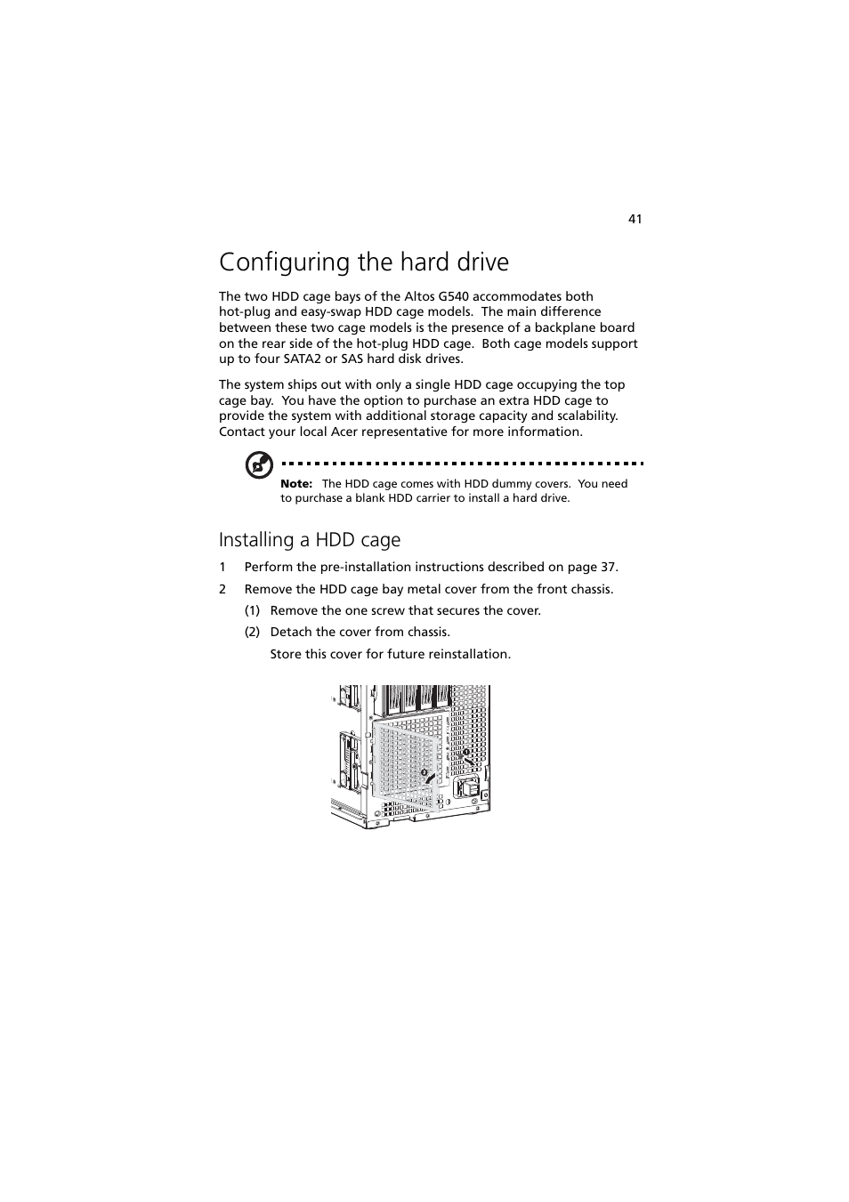 Configuring the hard drive, Installing a hdd cage | Acer Altos MU.R230E.001 User Manual | Page 51 / 146