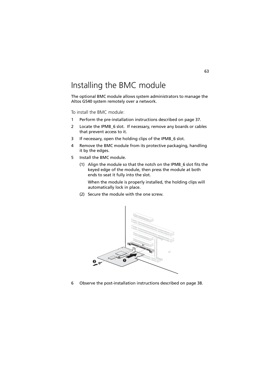 Installing the bmc module | Acer Altos MU.R230E.001 User Manual | Page 73 / 146