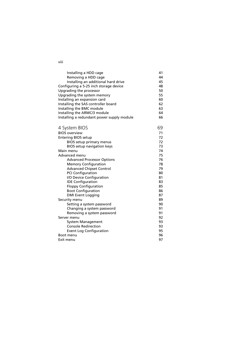 4 system bios 69 | Acer Altos MU.R230E.001 User Manual | Page 8 / 146