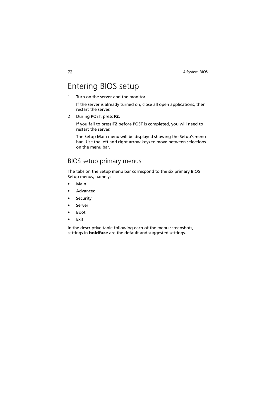 Entering bios setup, Bios setup primary menus | Acer Altos MU.R230E.001 User Manual | Page 82 / 146