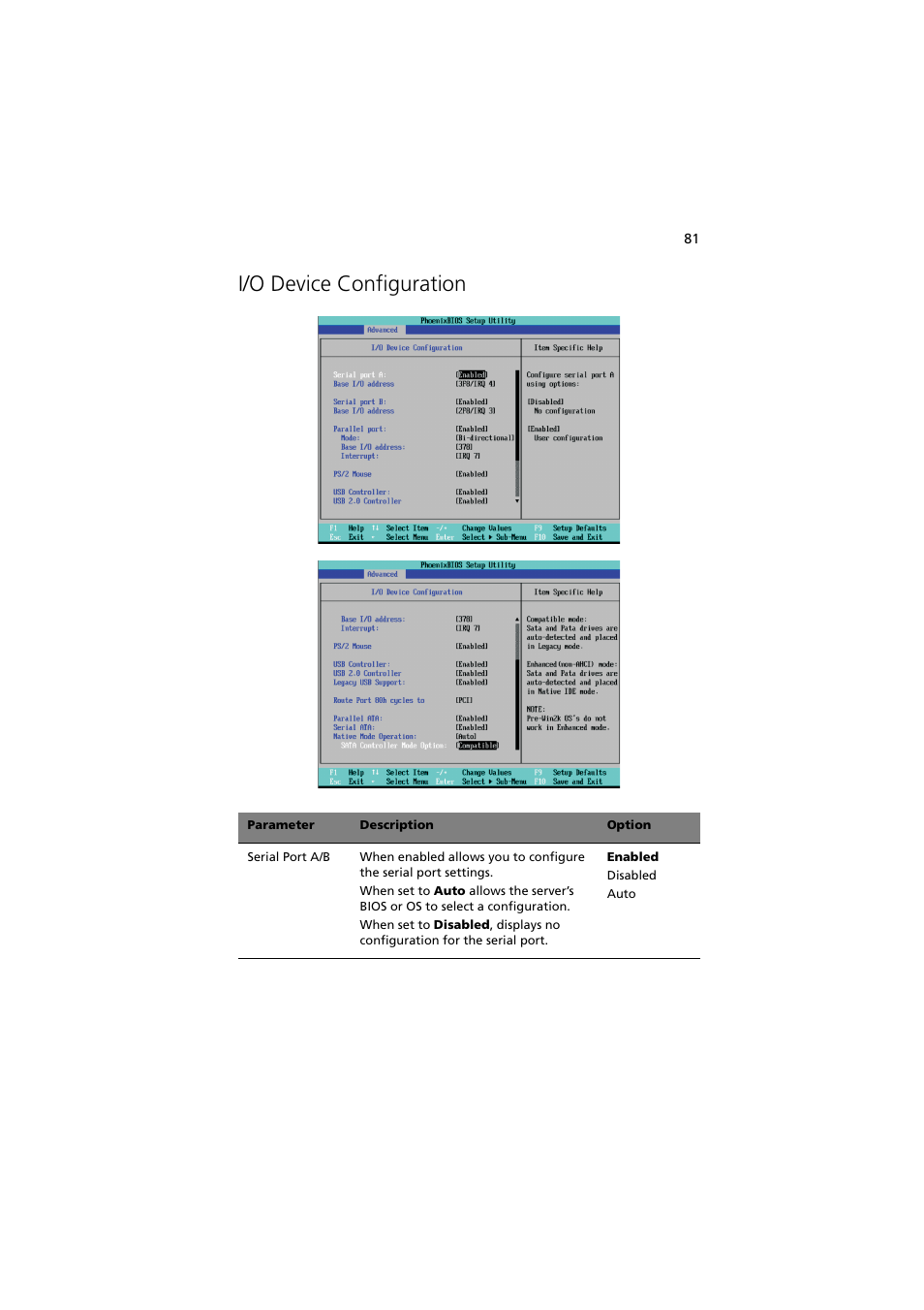 I/o device configuration | Acer Altos MU.R230E.001 User Manual | Page 91 / 146