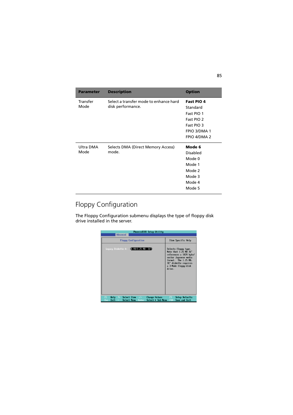 Floppy configuration | Acer Altos MU.R230E.001 User Manual | Page 95 / 146