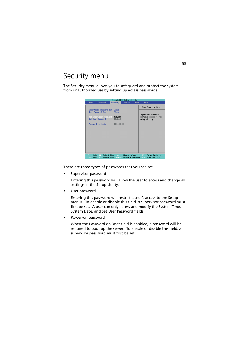 Security menu | Acer Altos MU.R230E.001 User Manual | Page 99 / 146