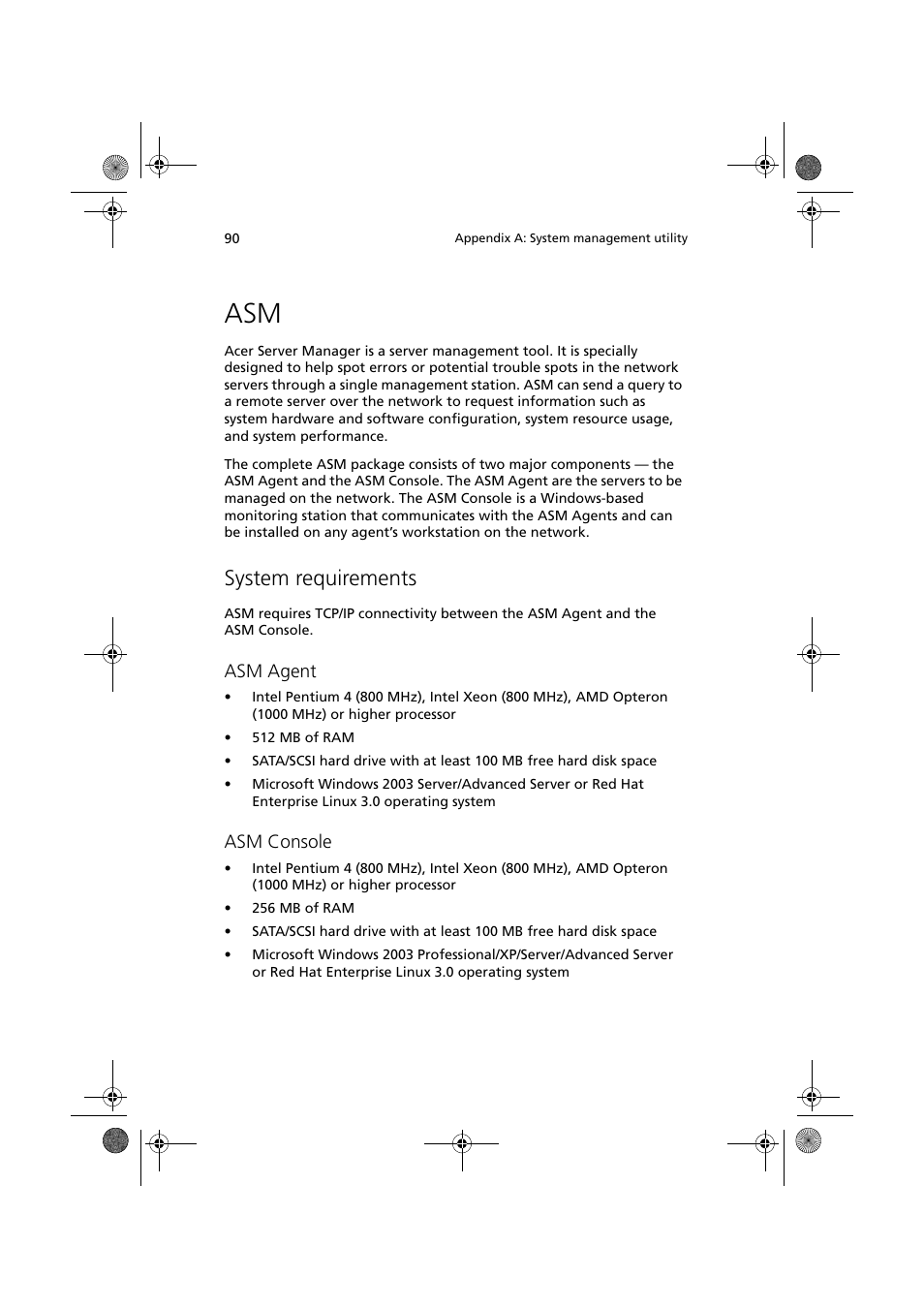 System requirements, Asm agent, Asm console | Acer Altos G320 Series User Manual | Page 100 / 132