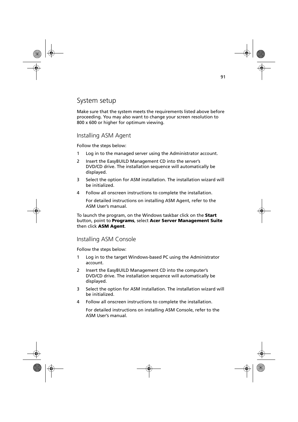 System setup, Installing asm agent, Installing asm console | Acer Altos G320 Series User Manual | Page 101 / 132