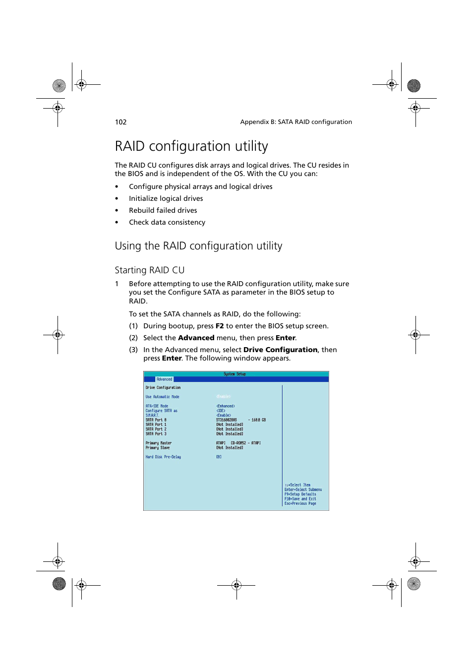 Raid configuration utility, Using the raid configuration utility, Starting raid cu | Acer Altos G320 Series User Manual | Page 112 / 132