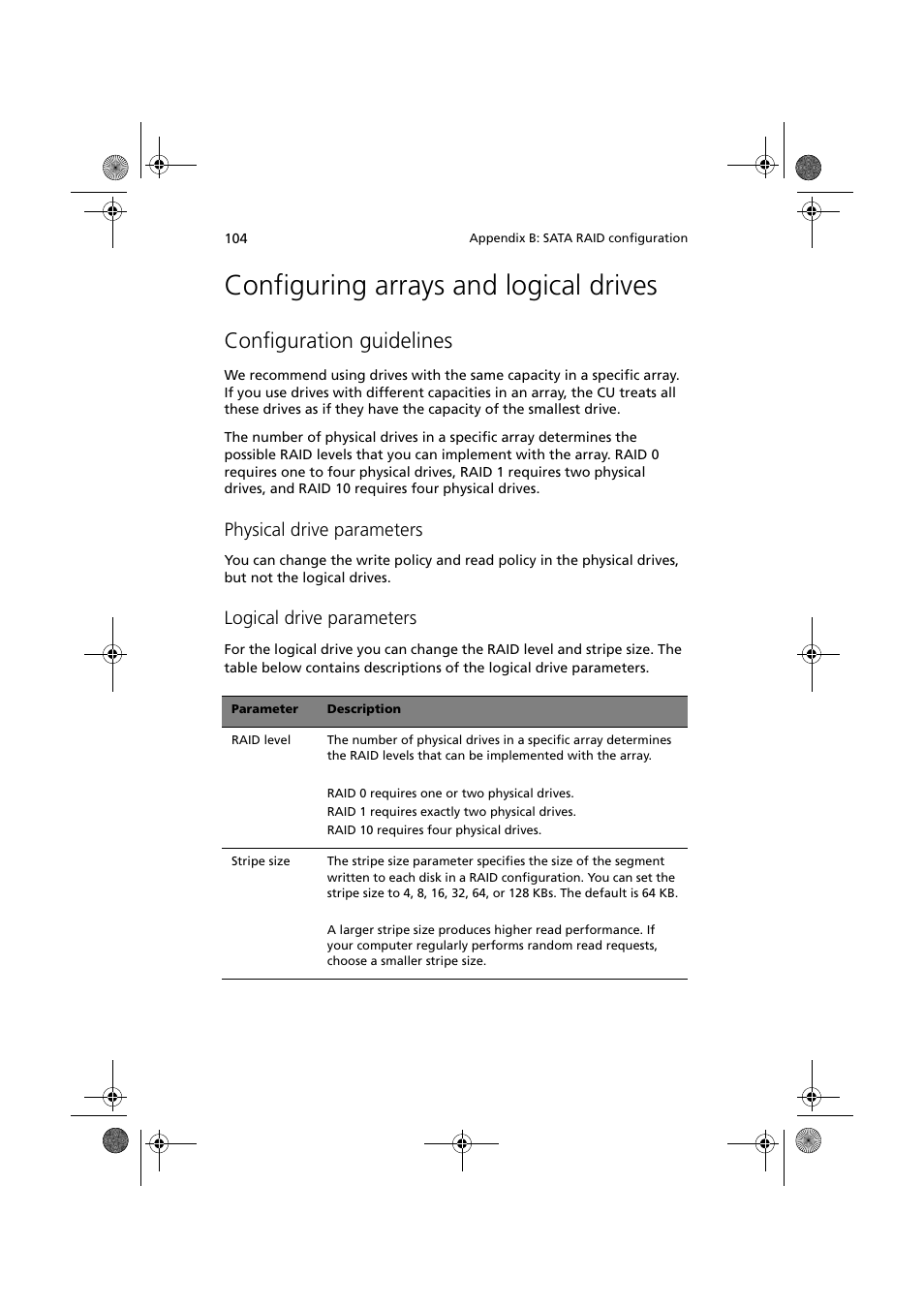 Configuring arrays and logical drives, Configuration guidelines, Physical drive parameters | Logical drive parameters | Acer Altos G320 Series User Manual | Page 114 / 132