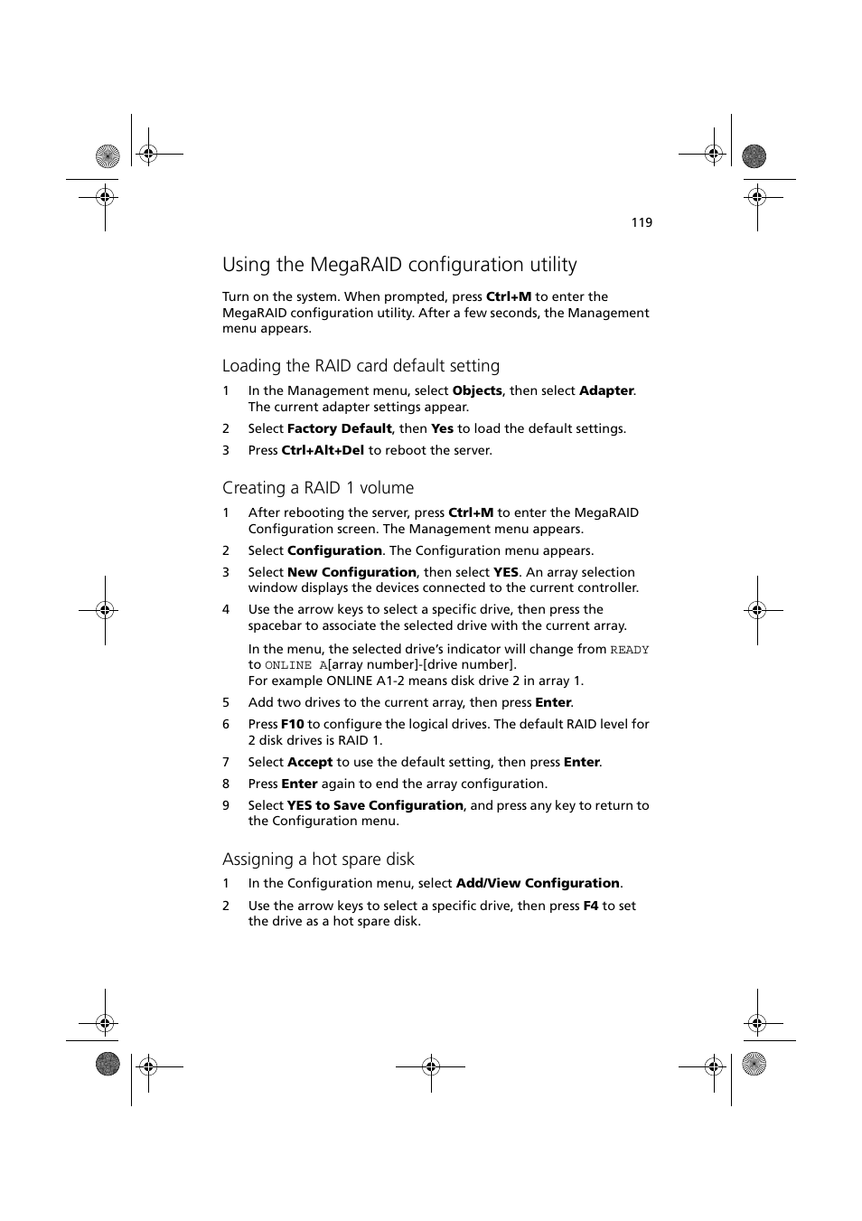 Using the megaraid configuration utility, Loading the raid card default setting, Creating a raid 1 volume | Assigning a hot spare disk | Acer Altos G320 Series User Manual | Page 129 / 132