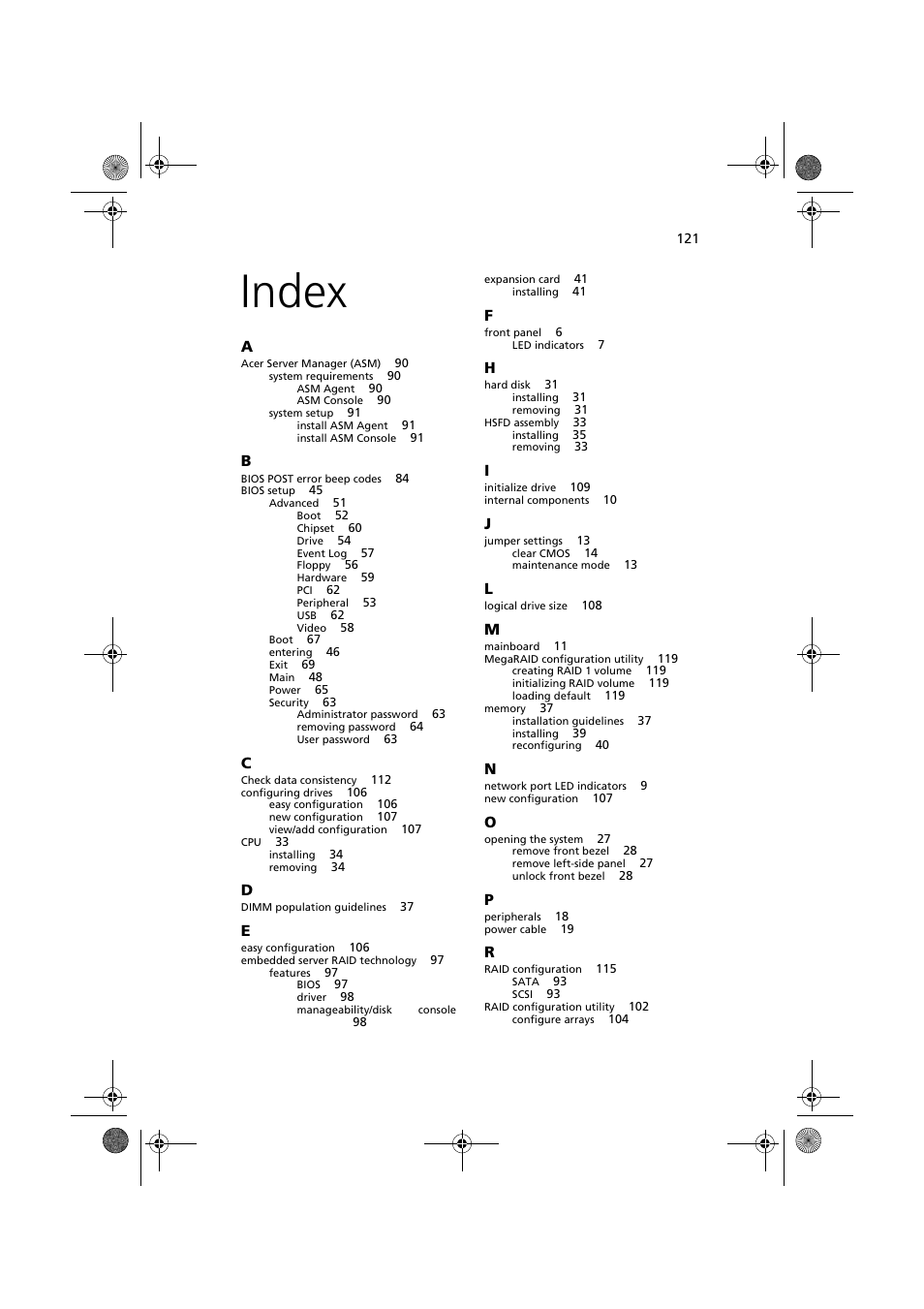 Index, Index 121 | Acer Altos G320 Series User Manual | Page 131 / 132