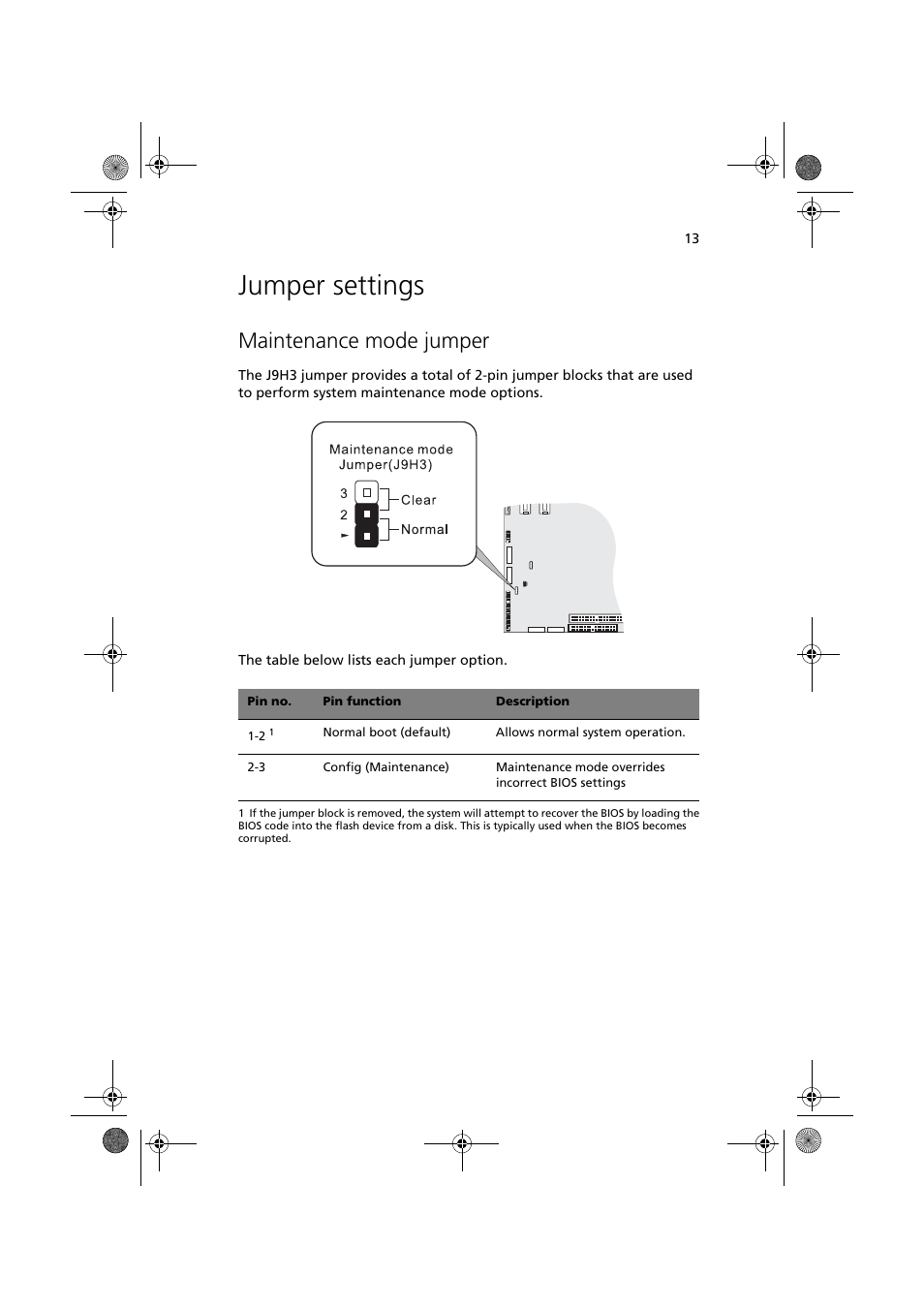 Jumper settings, Maintenance mode jumper | Acer Altos G320 Series User Manual | Page 23 / 132