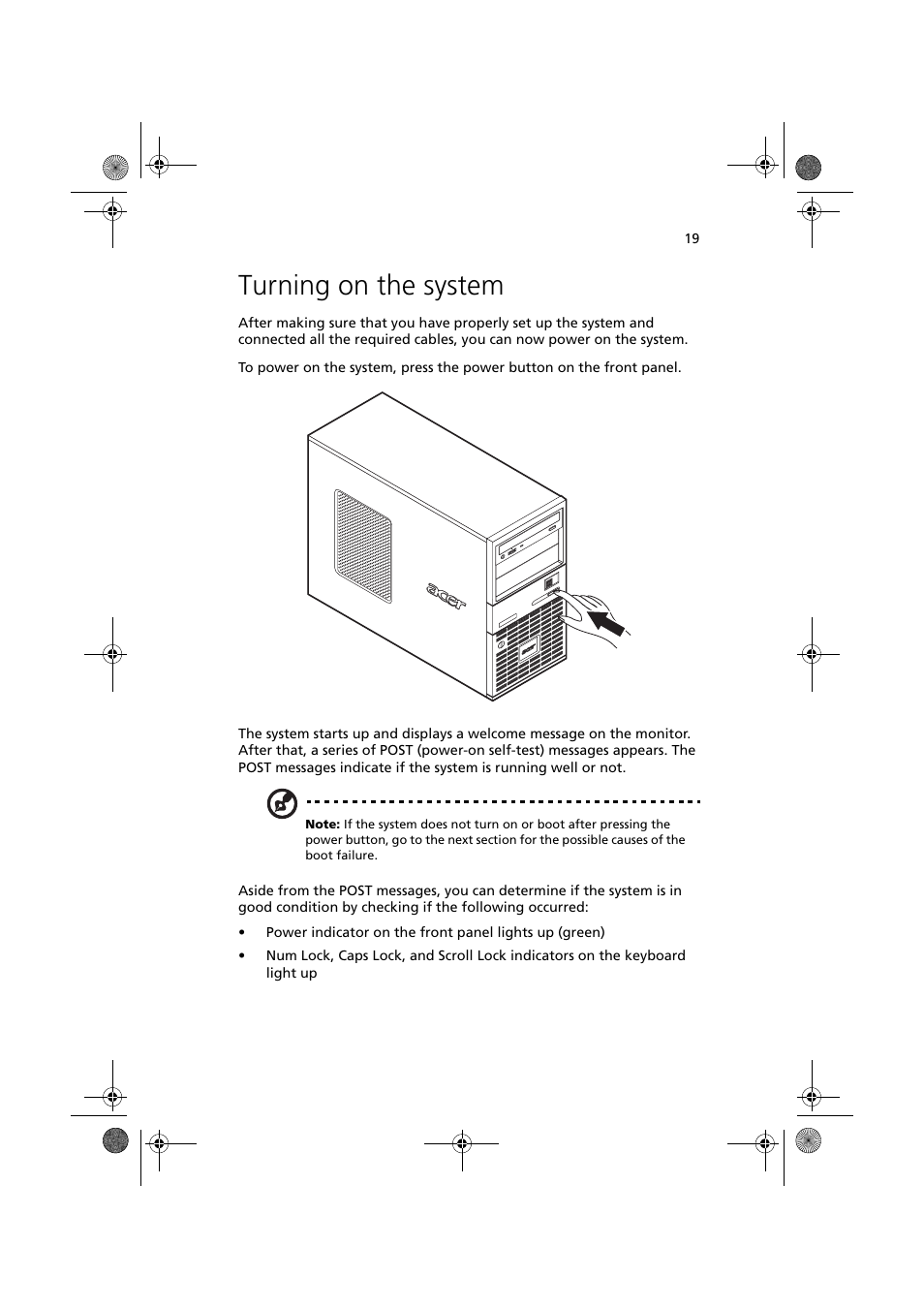 Turning on the system | Acer Altos G320 Series User Manual | Page 29 / 132