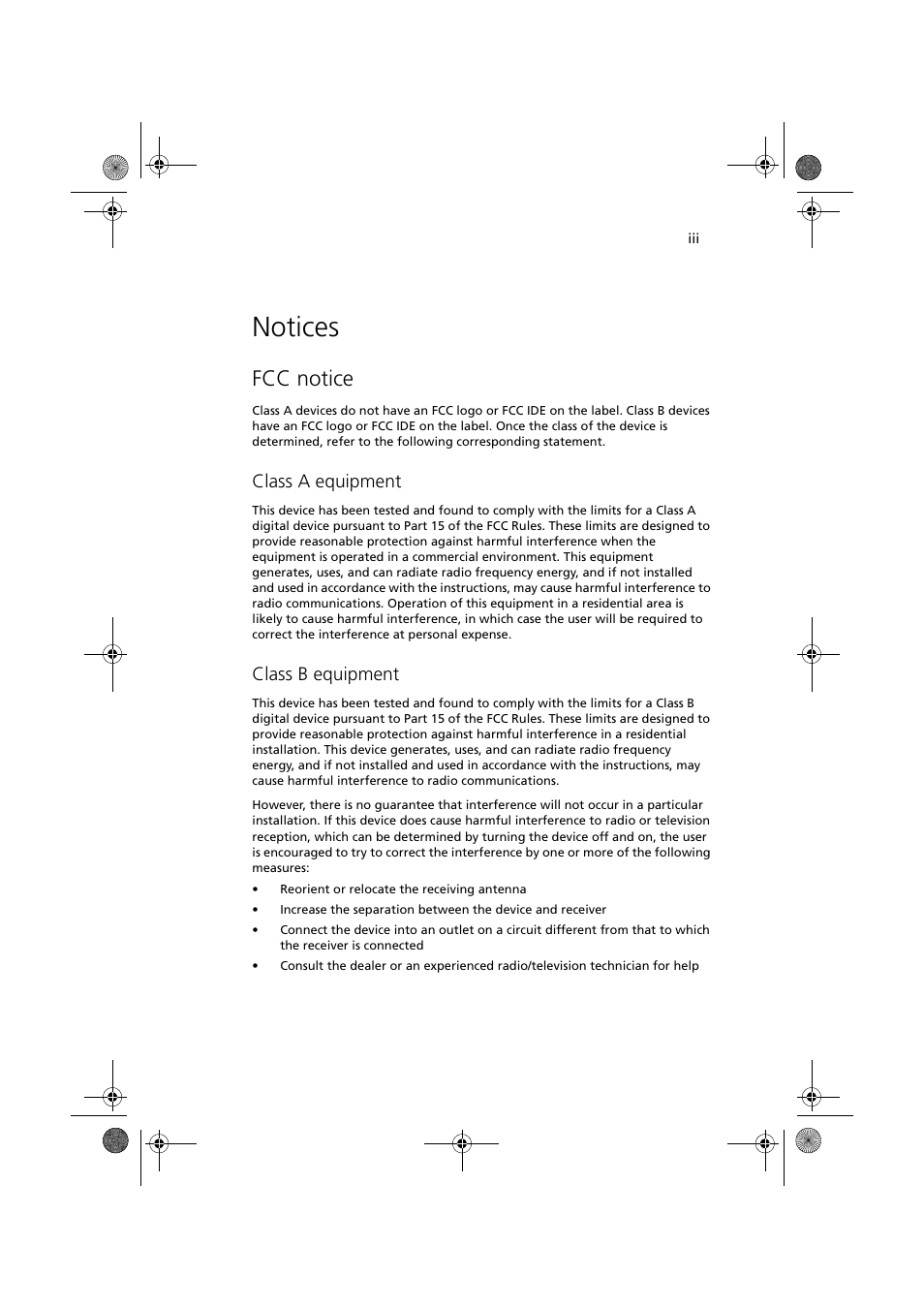 Notices, Fcc notice, Class a equipment | Class b equipment | Acer Altos G320 Series User Manual | Page 3 / 132