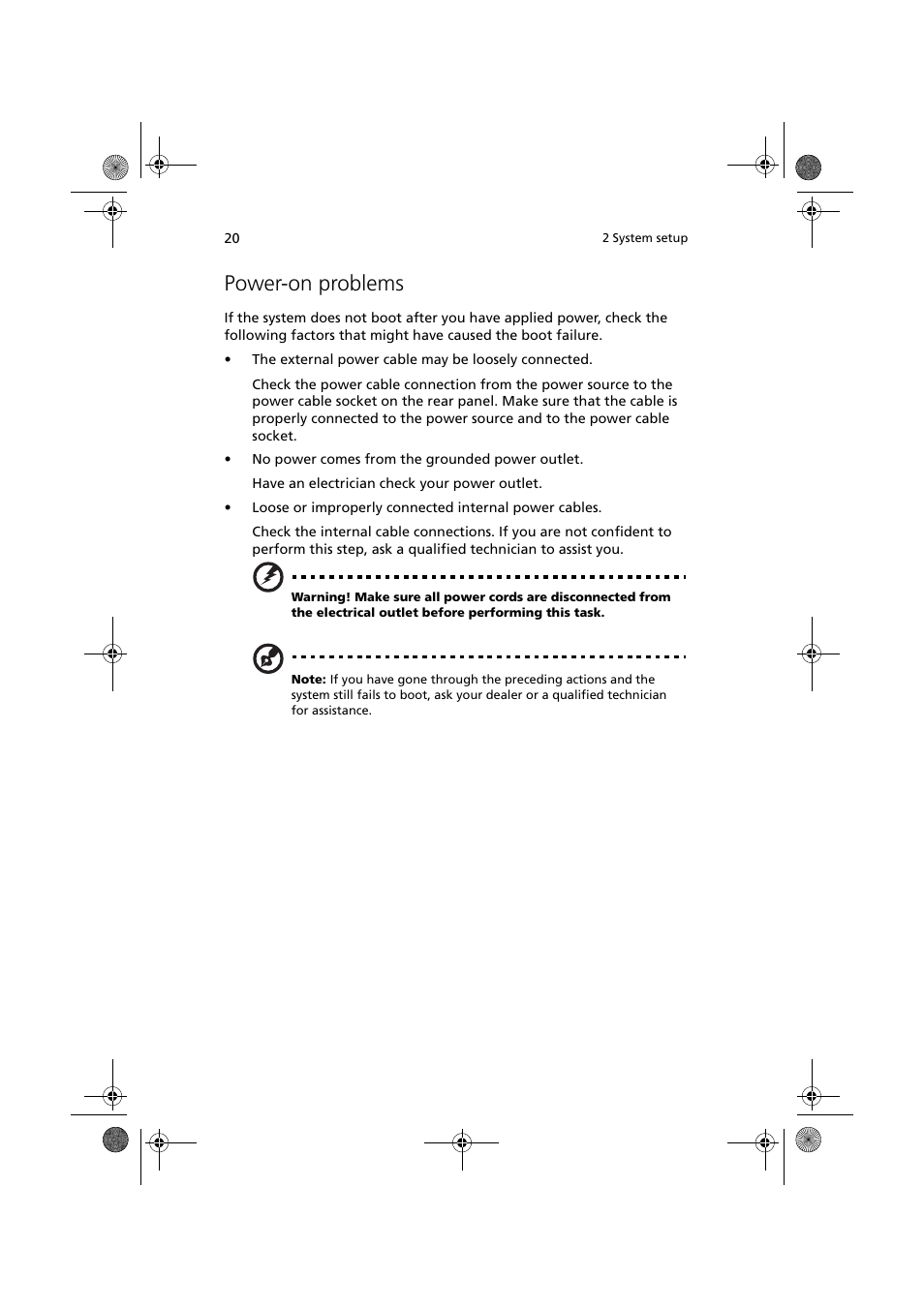 Power-on problems | Acer Altos G320 Series User Manual | Page 30 / 132