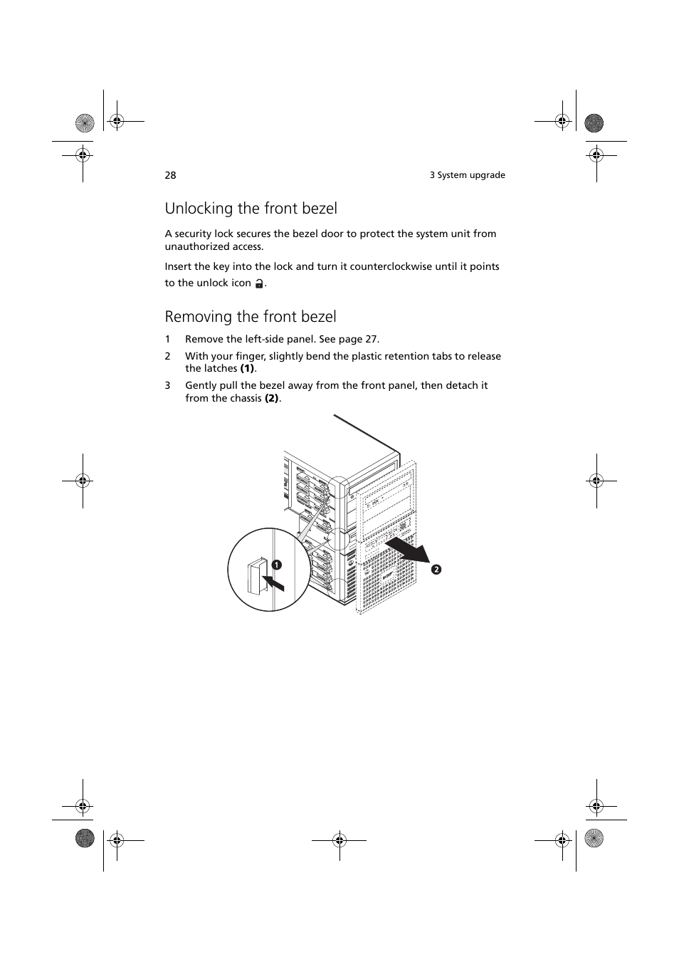 Unlocking the front bezel, Removing the front bezel | Acer Altos G320 Series User Manual | Page 38 / 132