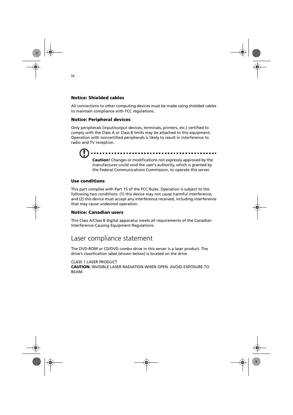 Laser compliance statement | Acer Altos G320 Series User Manual | Page 4 / 132