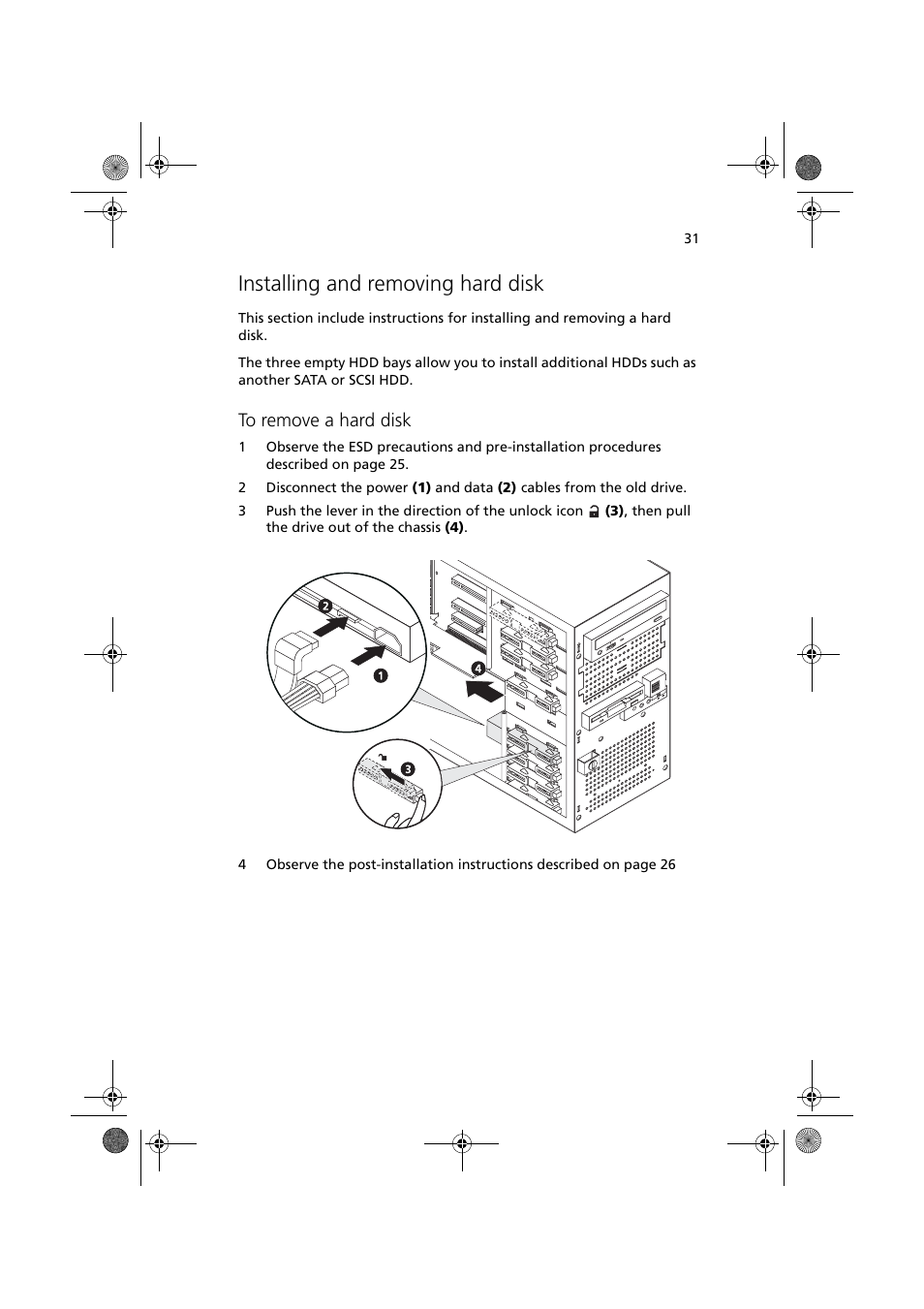 Installing and removing hard disk | Acer Altos G320 Series User Manual | Page 41 / 132
