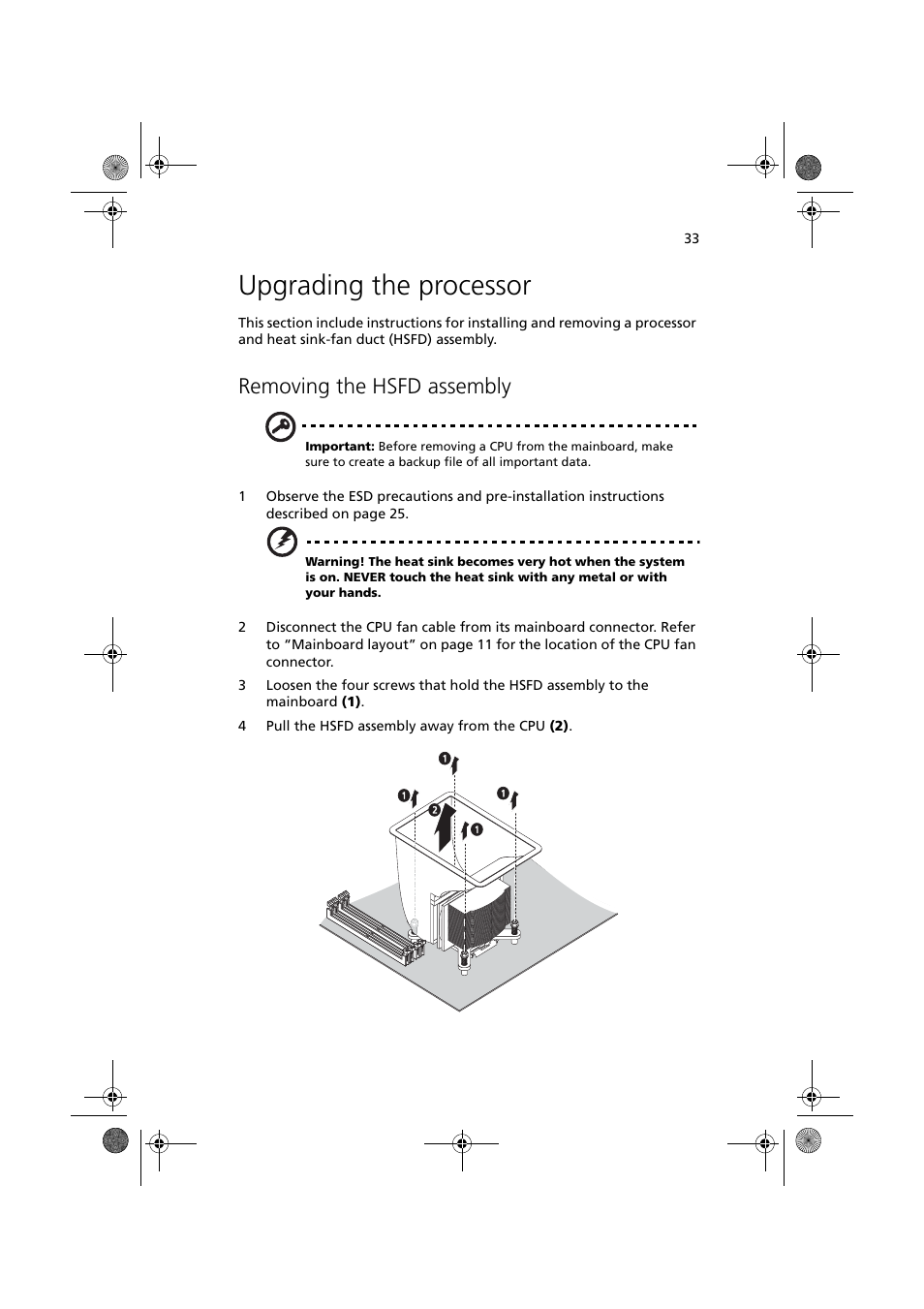 Upgrading the processor, Removing the hsfd assembly | Acer Altos G320 Series User Manual | Page 43 / 132
