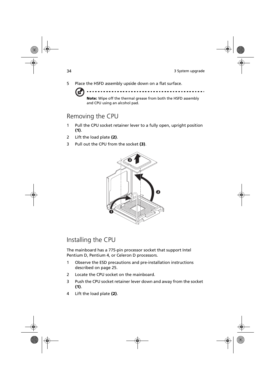 Removing the cpu, Installing the cpu | Acer Altos G320 Series User Manual | Page 44 / 132