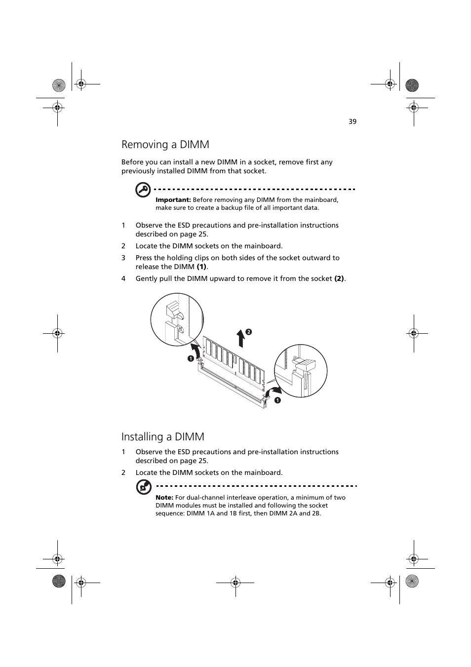 Removing a dimm, Installing a dimm | Acer Altos G320 Series User Manual | Page 49 / 132