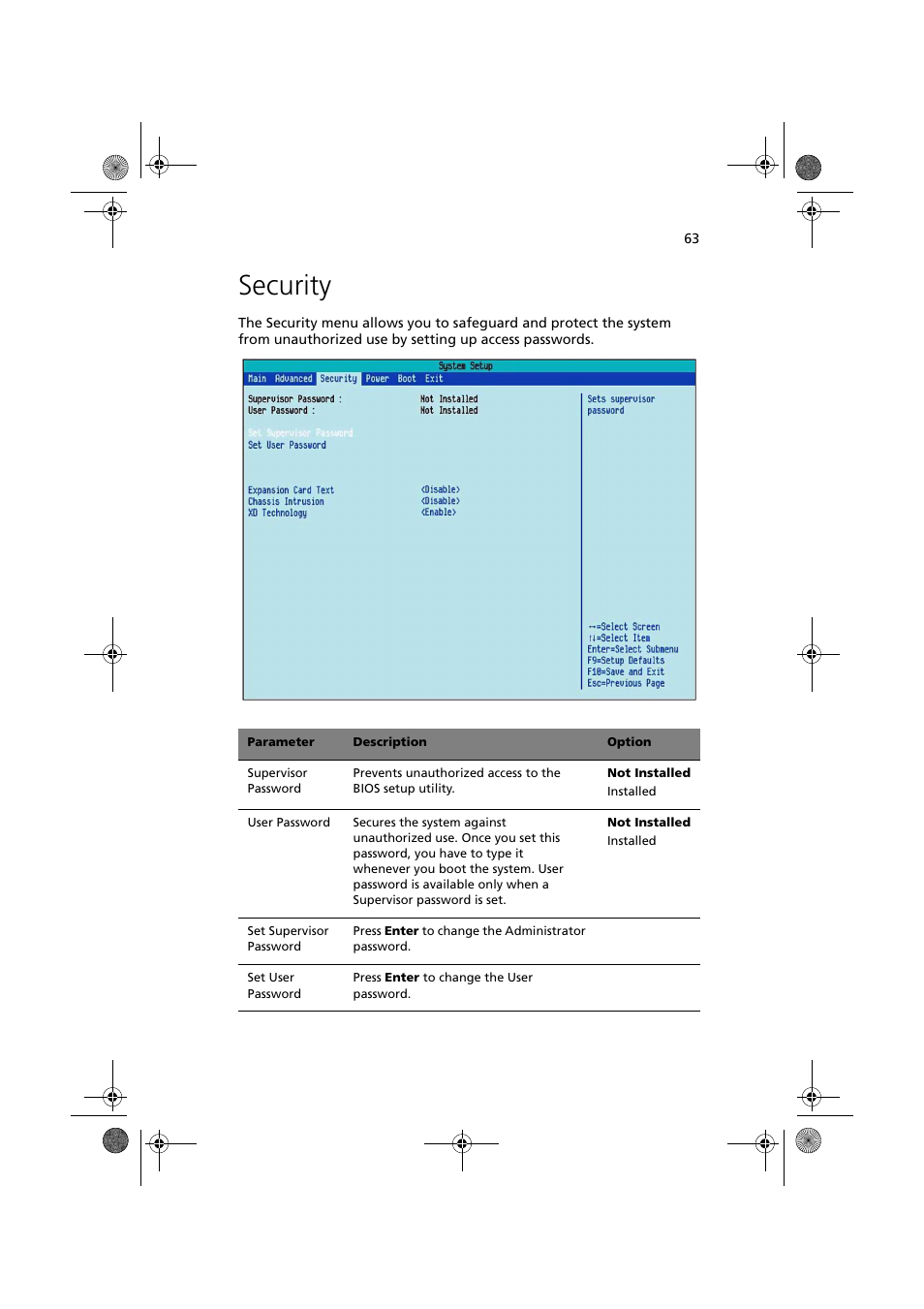 Security | Acer Altos G320 Series User Manual | Page 73 / 132