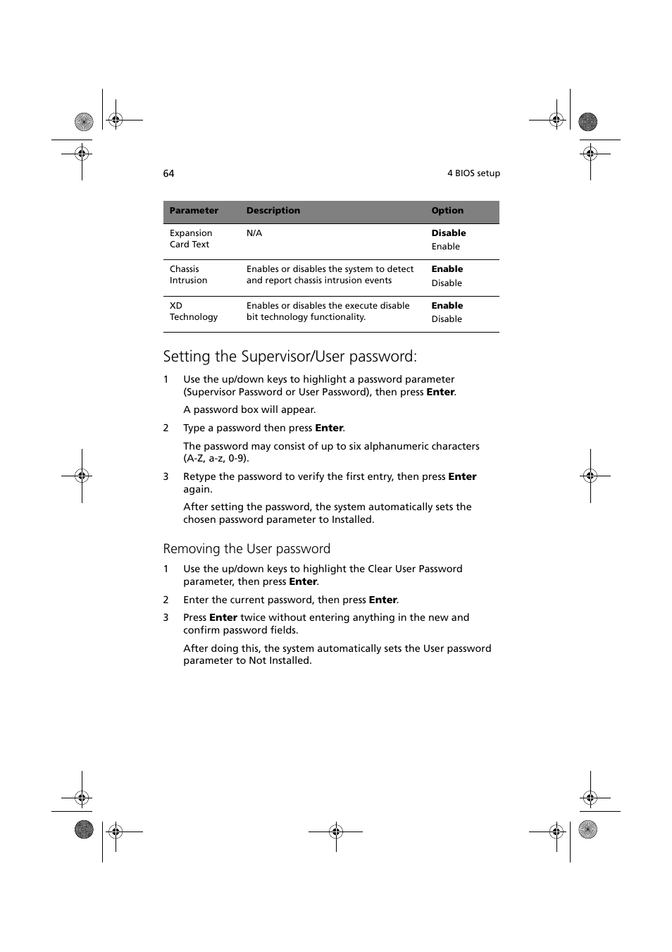 Setting the supervisor/user password, Removing the user password | Acer Altos G320 Series User Manual | Page 74 / 132