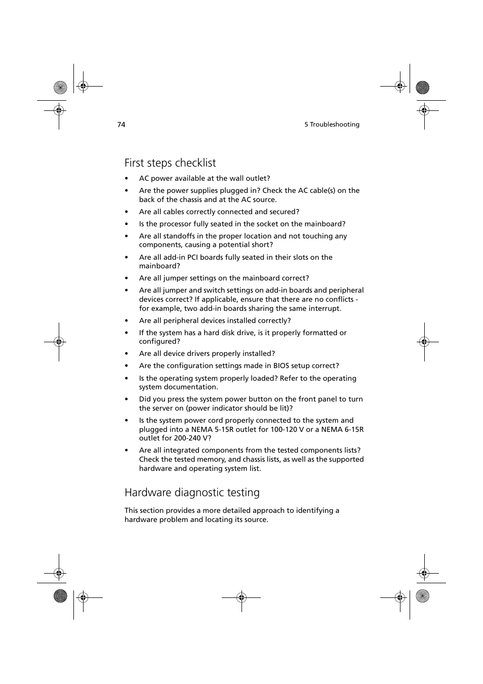 First steps checklist, Hardware diagnostic testing | Acer Altos G320 Series User Manual | Page 84 / 132