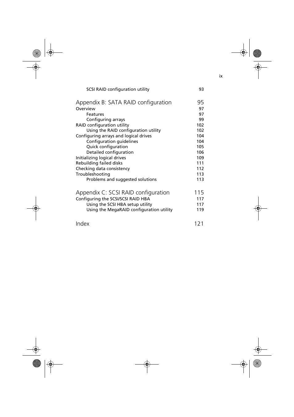 Appendix b: sata raid configuration 95, Appendix c: scsi raid configuration 115, Index 121 | Acer Altos G320 Series User Manual | Page 9 / 132