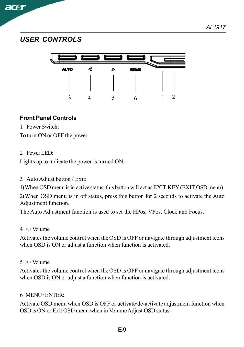 User controls | Acer AL1917T User Manual | Page 10 / 16