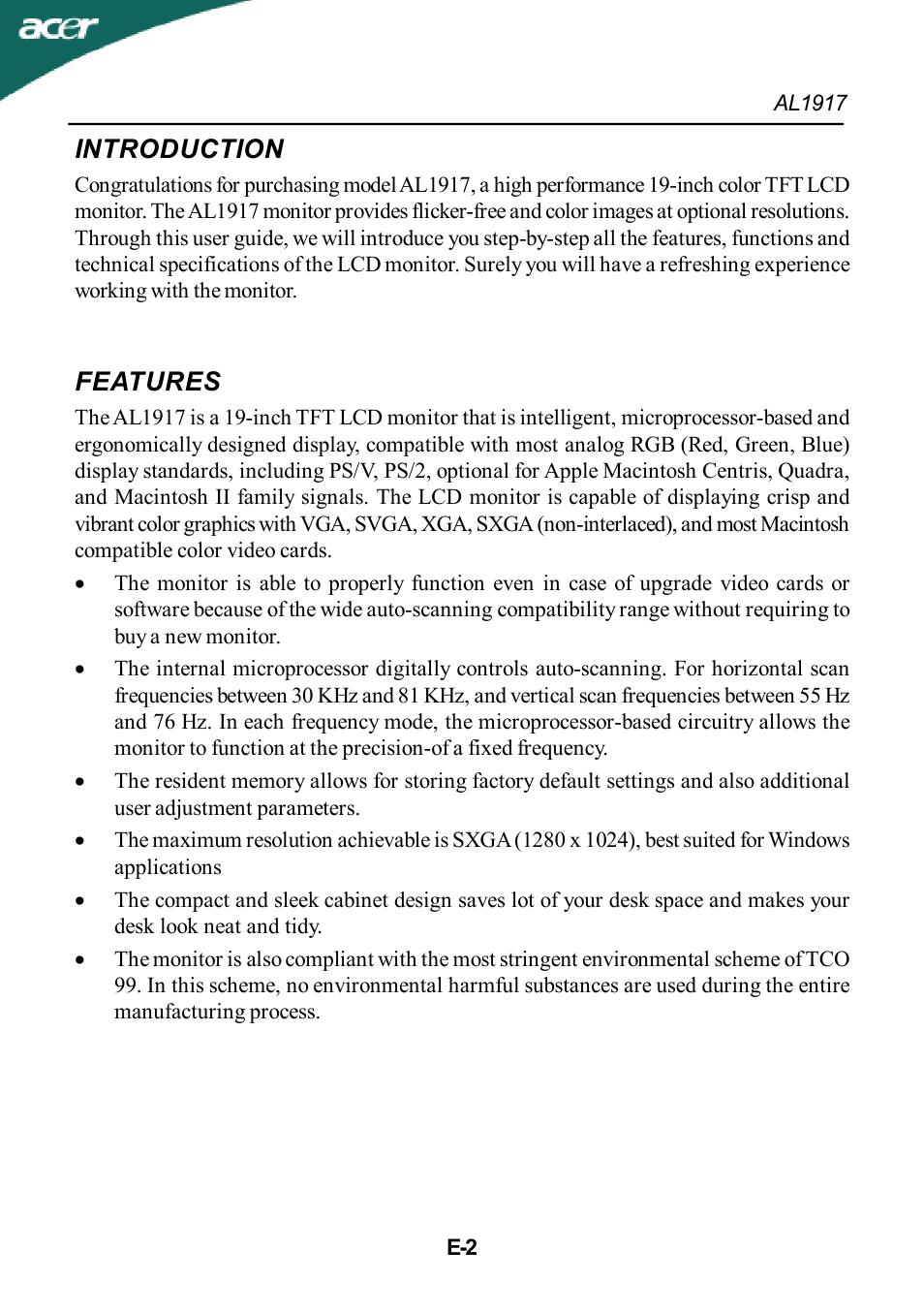 Introduction, Features | Acer AL1917T User Manual | Page 3 / 16