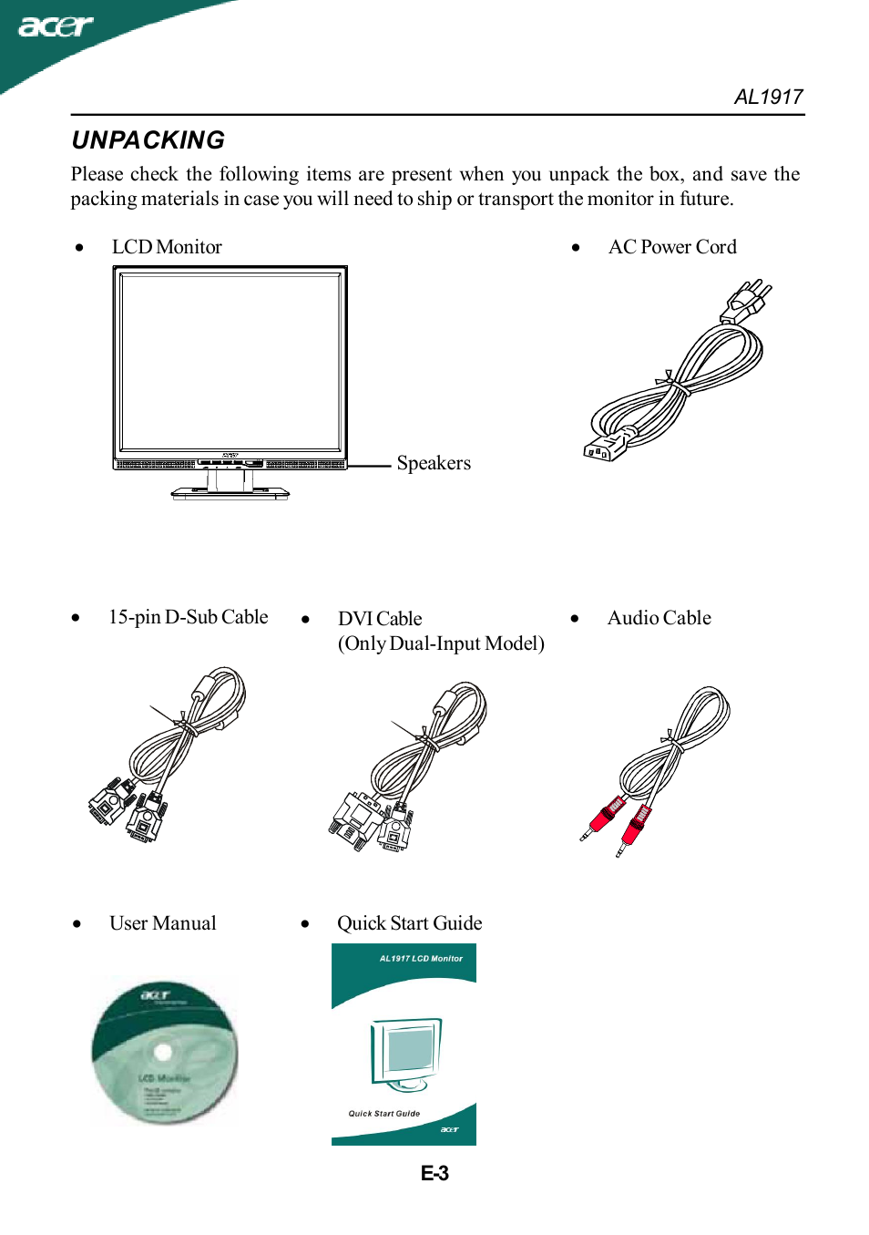 Unpacking | Acer AL1917T User Manual | Page 4 / 16