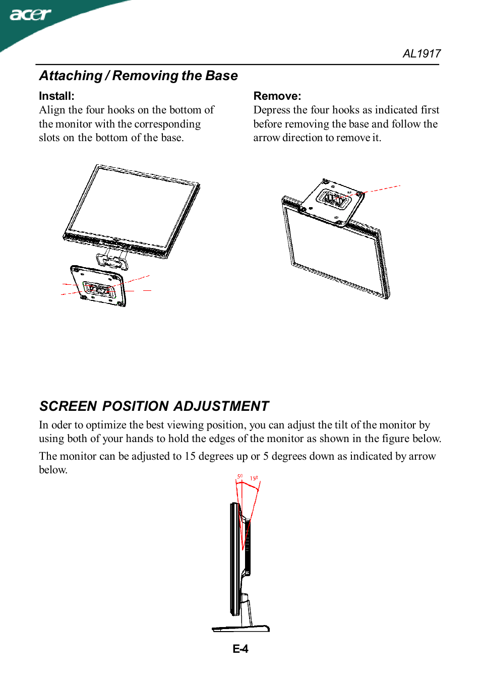 Screen position adjustment, Attaching / removing the base | Acer AL1917T User Manual | Page 5 / 16