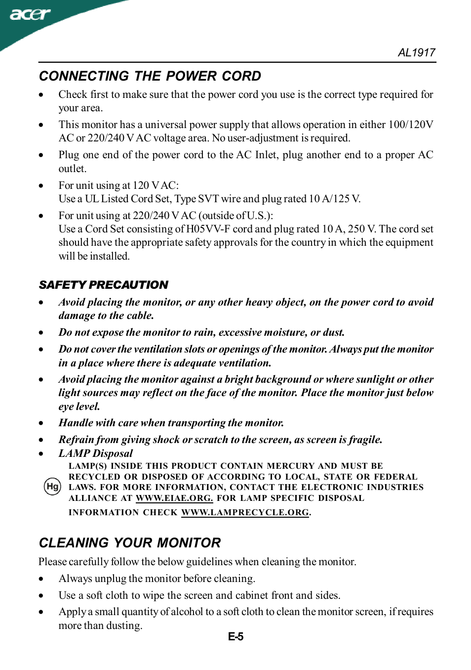 Connecting the power cord, Cleaning your monitor | Acer AL1917T User Manual | Page 6 / 16
