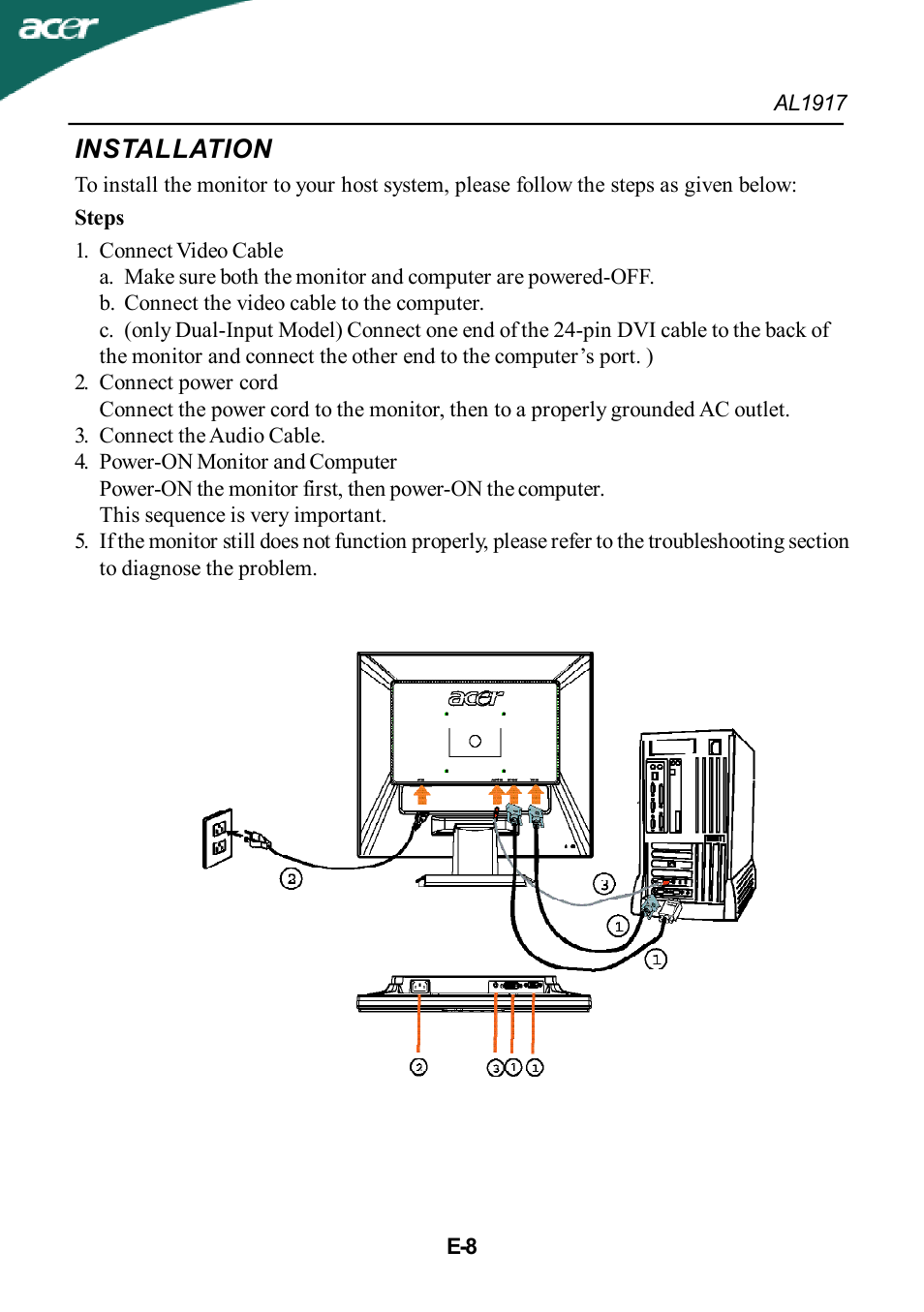 Installation | Acer AL1917T User Manual | Page 9 / 16