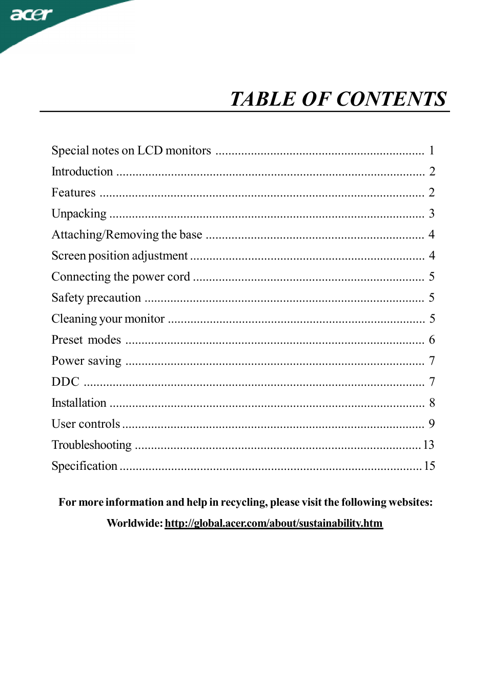 Acer AL1516W User Manual | 17 pages