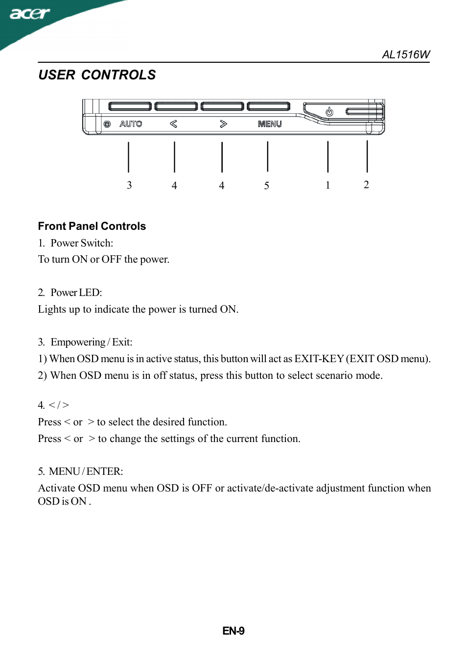 User controls | Acer AL1516W User Manual | Page 10 / 17