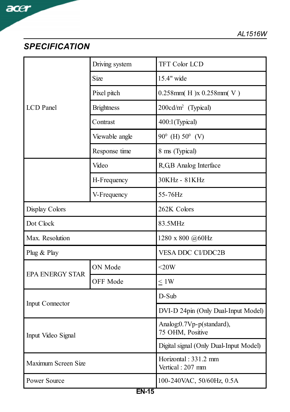 Specification | Acer AL1516W User Manual | Page 16 / 17