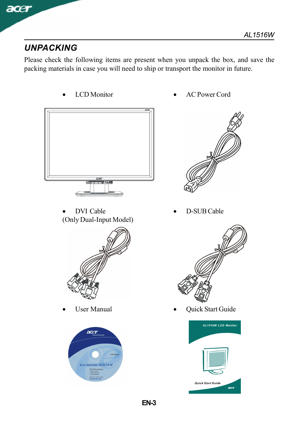 Unpacking | Acer AL1516W User Manual | Page 4 / 17