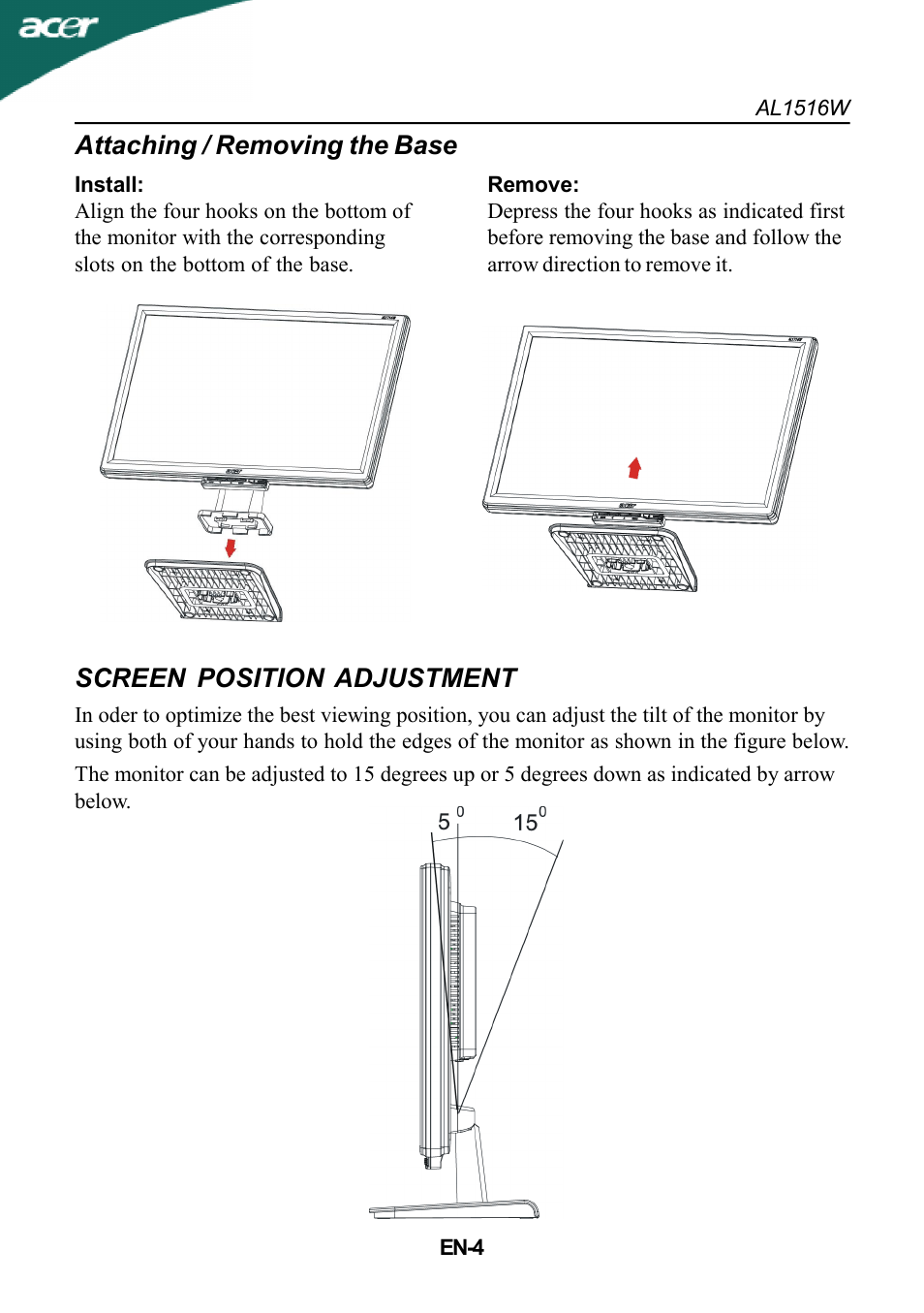 Screen position adjustment, Attaching / removing the base | Acer AL1516W User Manual | Page 5 / 17