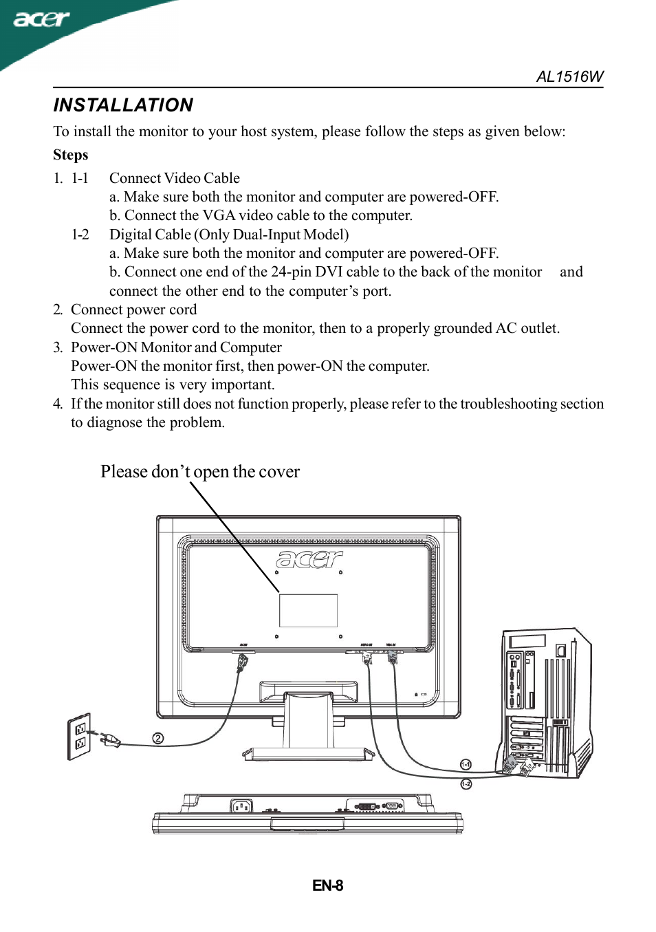 Installation, Please don’t open the cover | Acer AL1516W User Manual | Page 9 / 17