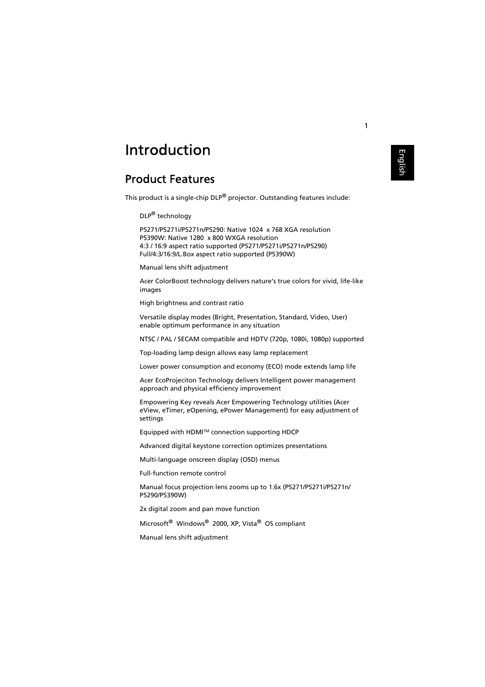 Introduction, Product features | Acer P5271 User Manual | Page 13 / 70