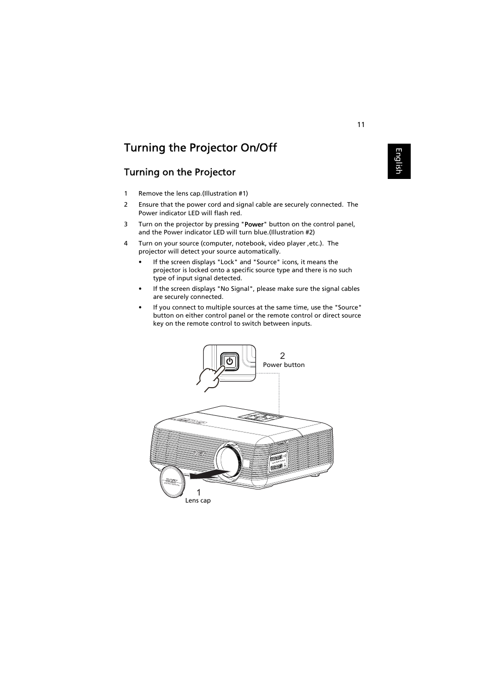 Turning the projector on/off, Turning on the projector | Acer P5271 User Manual | Page 23 / 70