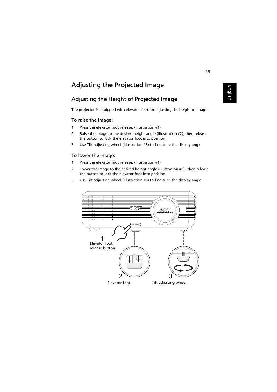 Adjusting the projected image, Adjusting the height of projected image | Acer P5271 User Manual | Page 25 / 70