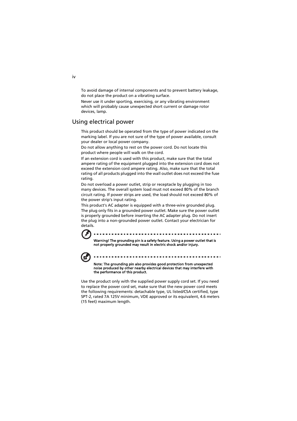 Using electrical power | Acer P5271 User Manual | Page 4 / 70