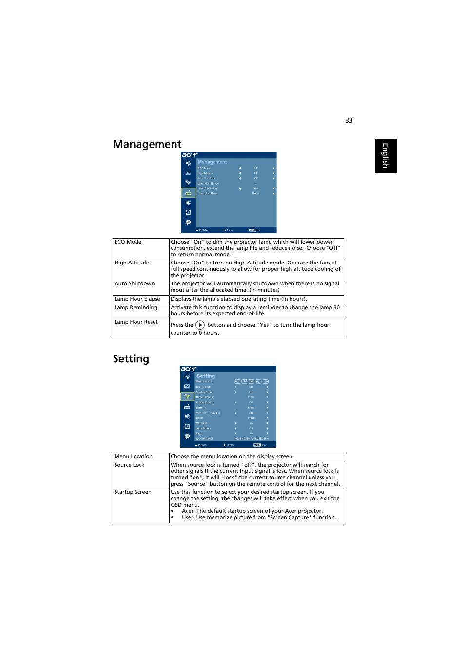 Management, Setting, Management setting | Acer P5271 User Manual | Page 45 / 70