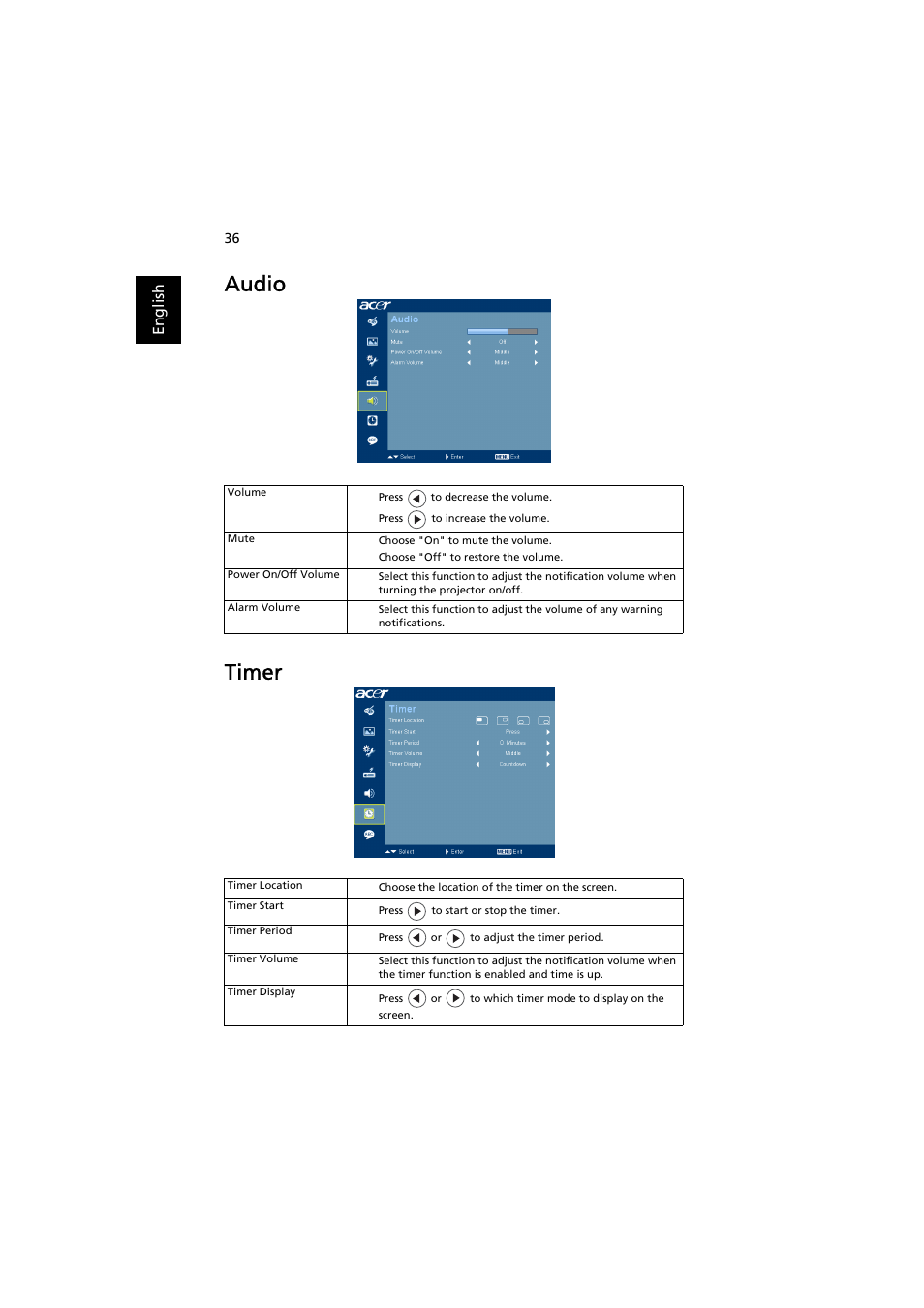 Audio, Timer, Audio timer | Acer P5271 User Manual | Page 48 / 70